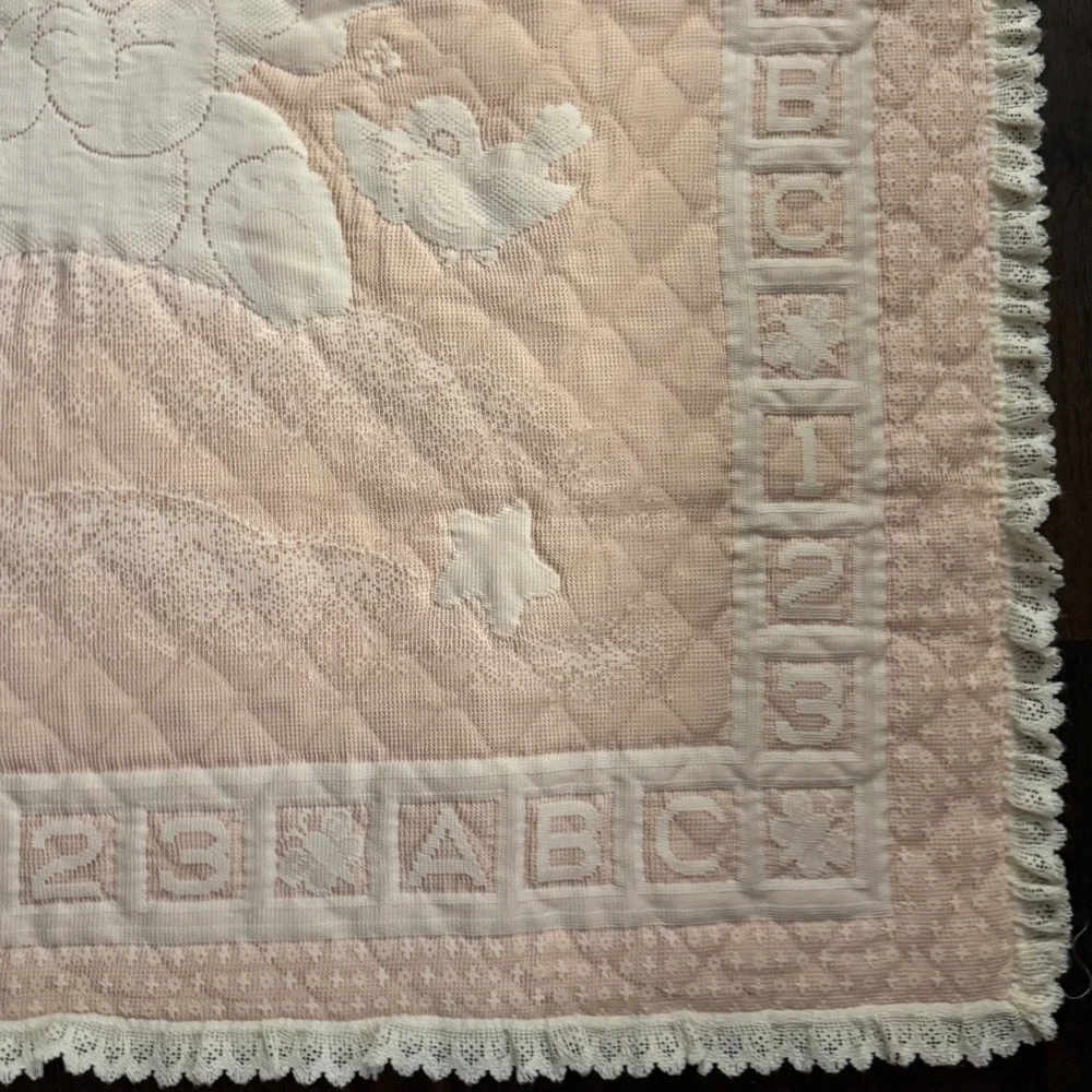 Vintage Handmade Baby Quilt Pink Bunny Rabbit ABC 123 Lace Trim Blanket 36 X 44